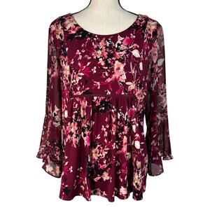Dressbarn Large Babydoll Top Floral Stretch Long Bell Sleeves Keyhole Round Neck